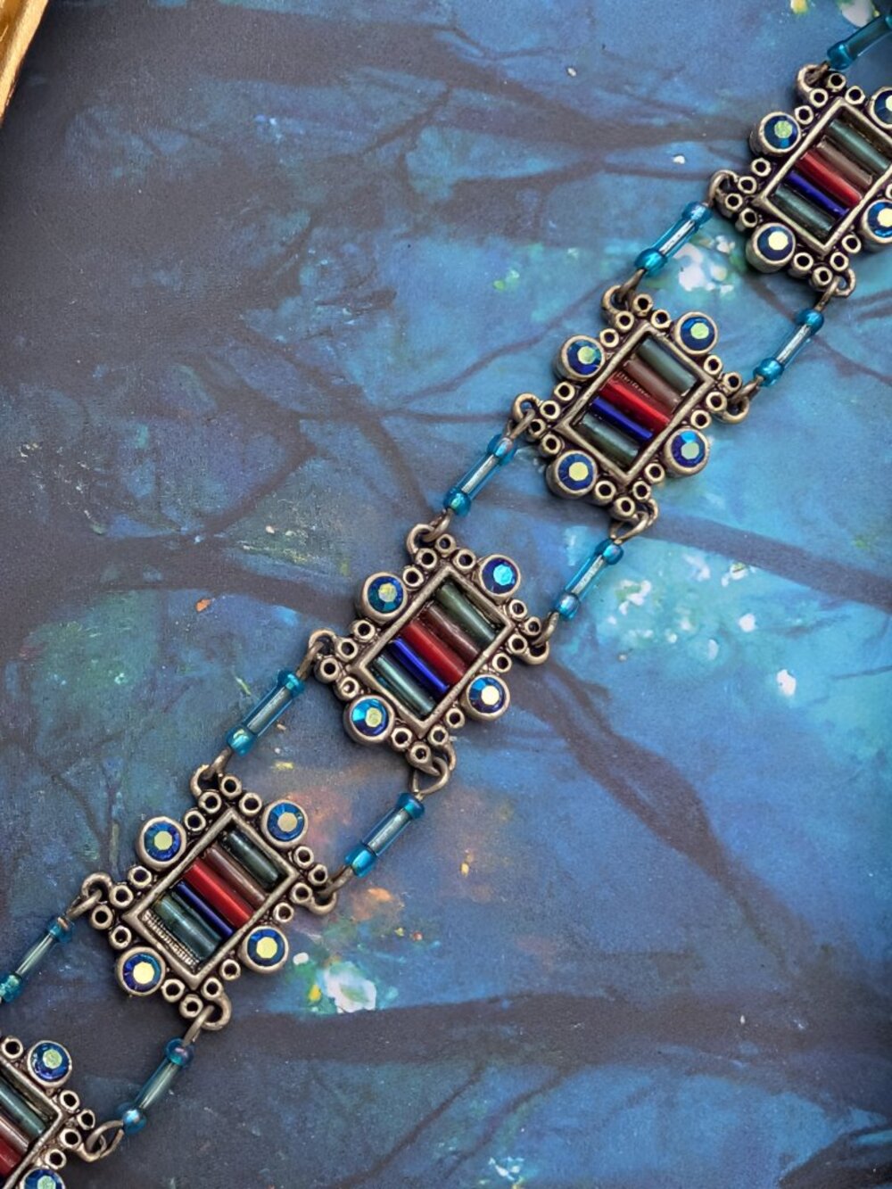 Vintage Art Deco Style Silver Tone & Beaded Panel Bracelet